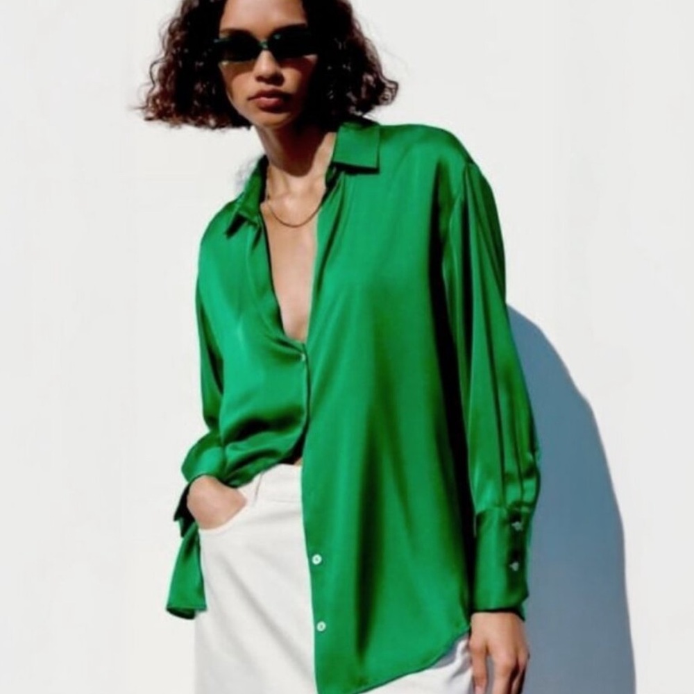 Zara Green Satin Button-Down Shirt